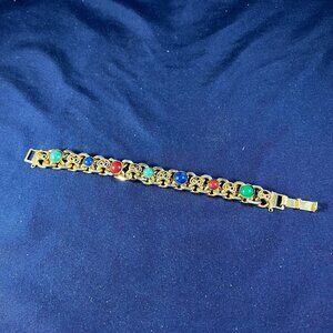 Vintage Gold-Toned Chain Link Bracelet With Multi-Color Gemstone Accents & Ornat